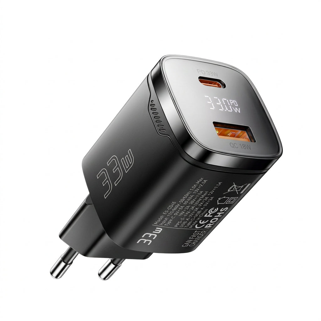 Cargador ESSAGER GaN 33W con Pantalla y Doble Puerto (USB-C + USB-A)
