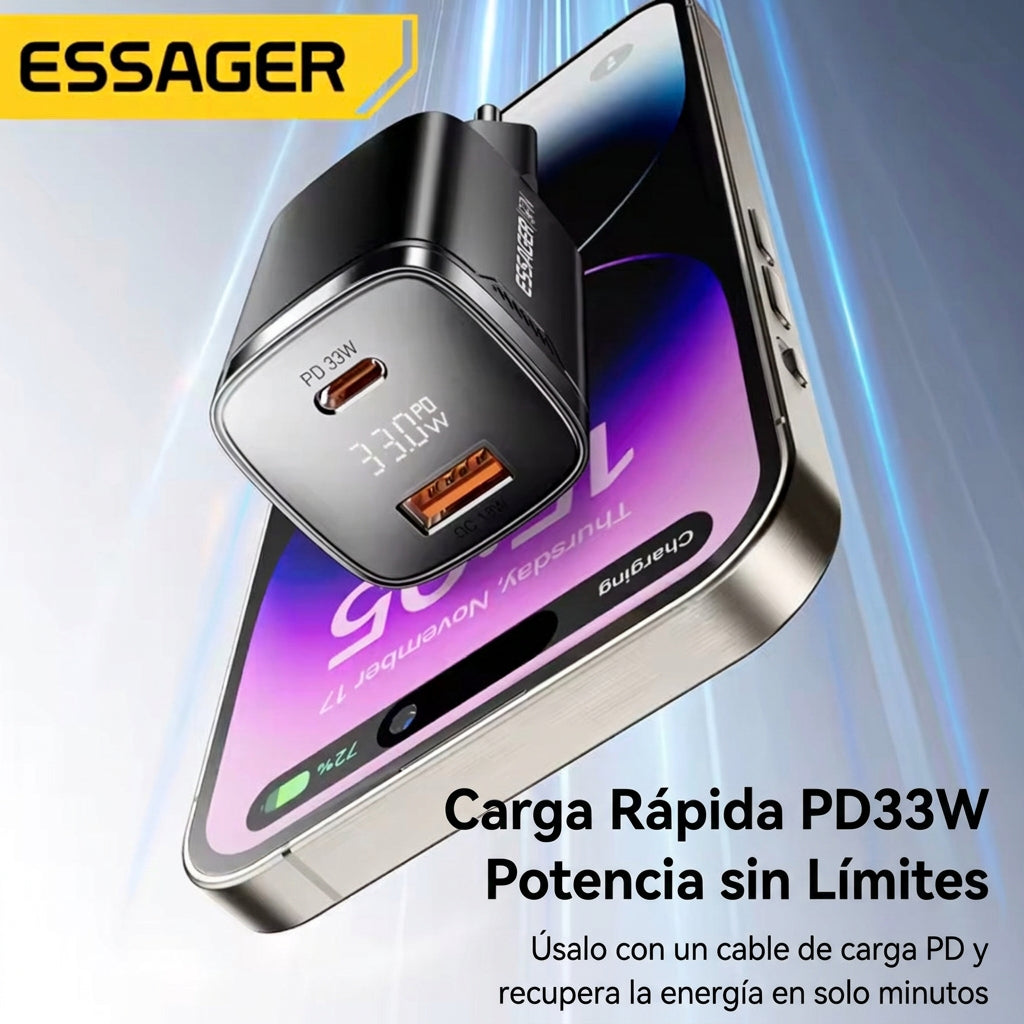 Cargador ESSAGER GaN 33W con Pantalla y Doble Puerto (USB-C + USB-A)