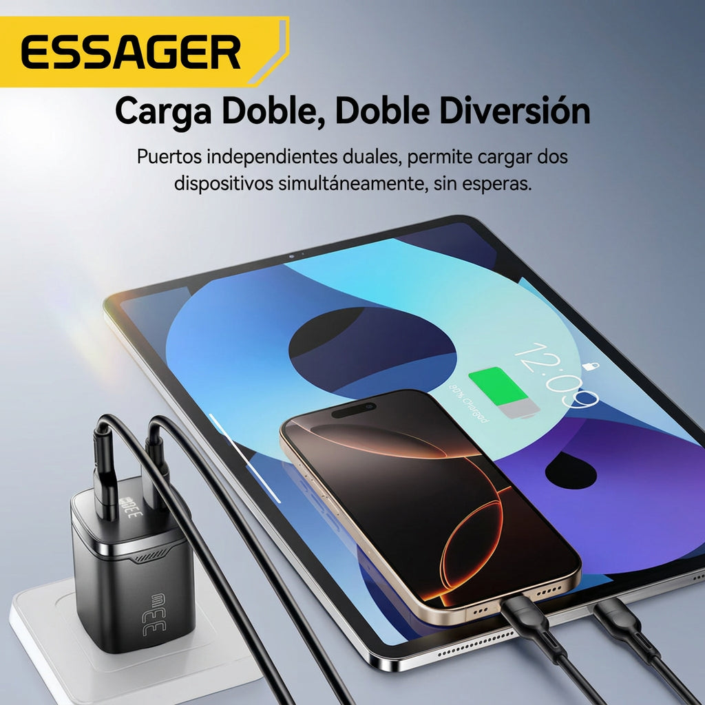 Cargador ESSAGER GaN 33W con Pantalla y Doble Puerto (USB-C + USB-A)