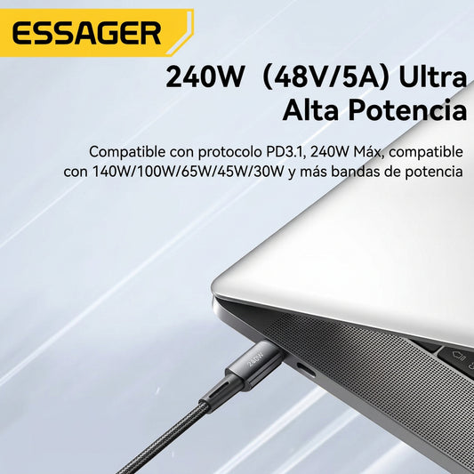 Cable ESSAGER USB-C a USB-C 240W 2 m | Carga Súper Rápida para iPhone, MacBook, iPad y Notebook