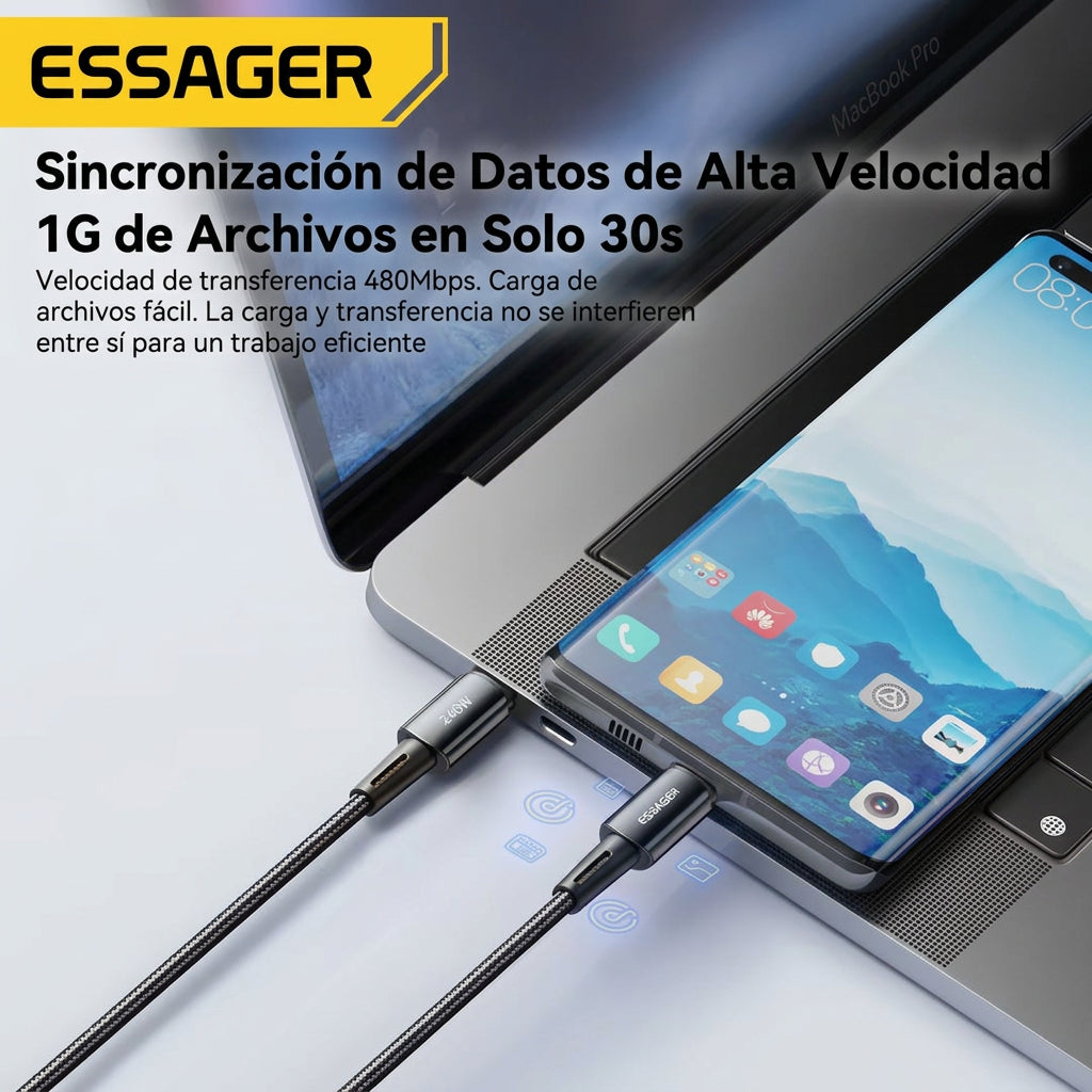 Cable ESSAGER USB-C a USB-C 240W 2 m | Carga Súper Rápida para iPhone, MacBook, iPad y Notebook