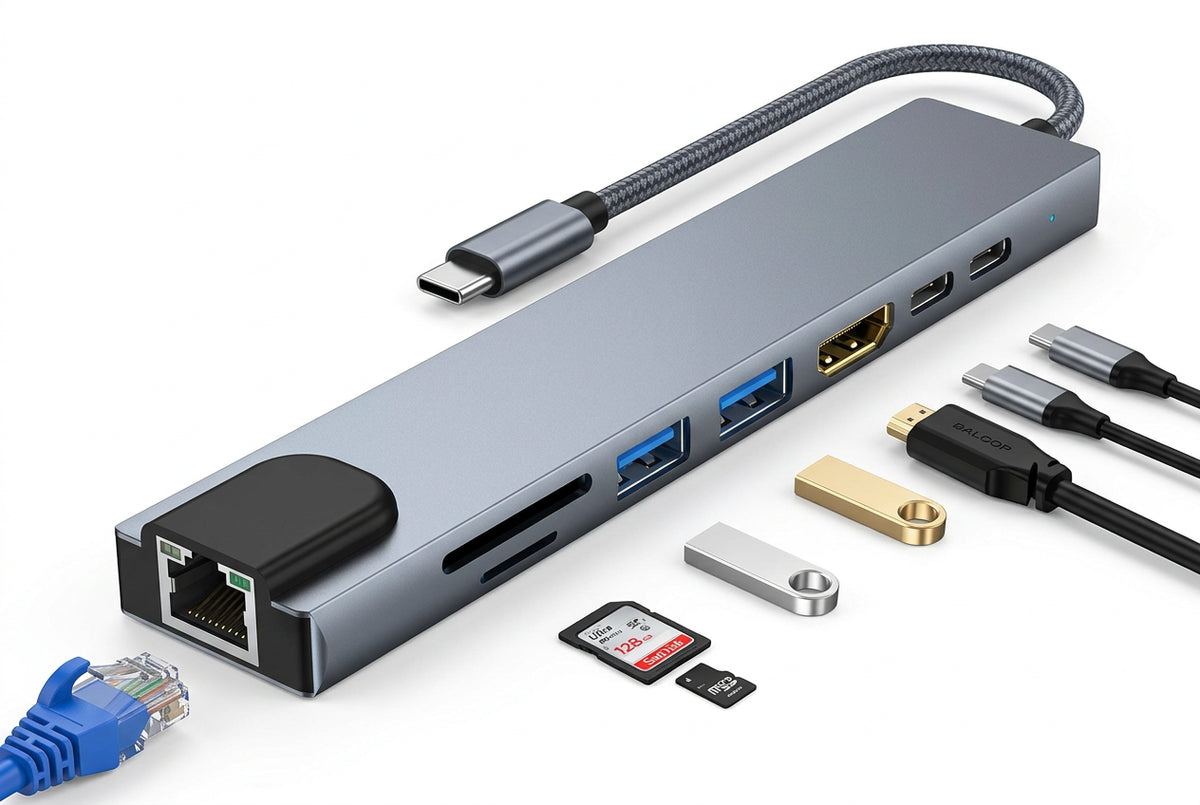 Hub Adaptador USB-C 8 en 1 para Mac y Notebook (HDMI 4K, USB 3.0, RJ45, SD/TF)