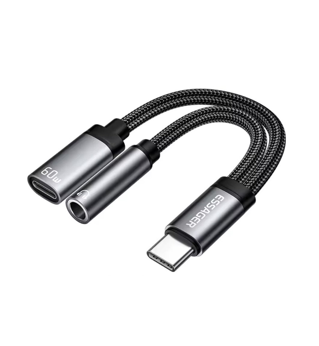 Adaptador ESSAGER USB-C 2 en 1: Audio 3,5 mm + Carga Rápida 60W