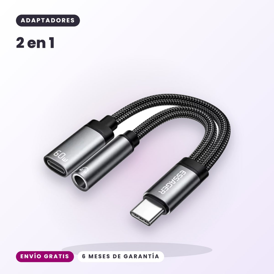 Adaptador ESSAGER USB-C 2 en 1: Audio 3,5 mm + Carga Rápida 60W