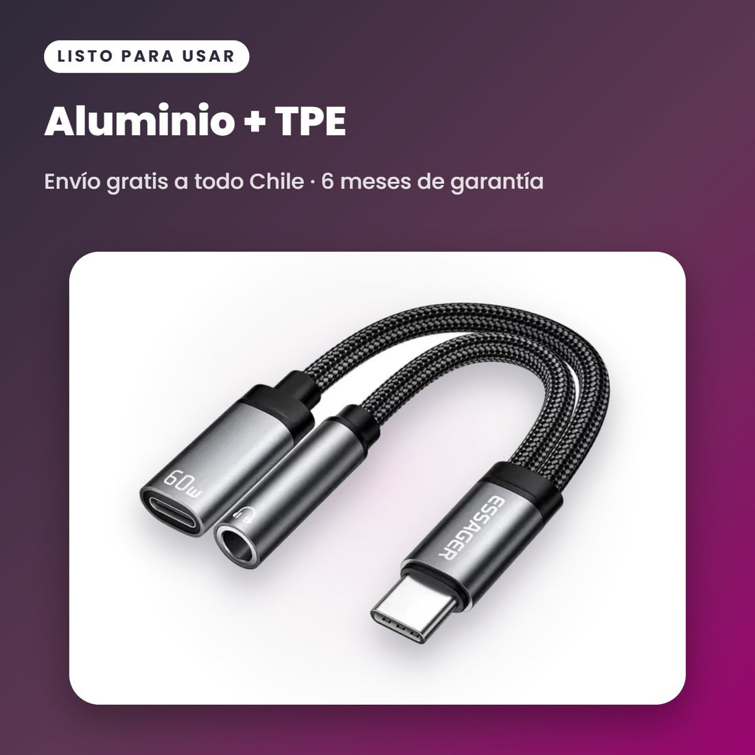 Adaptador ESSAGER USB-C 2 en 1: Audio 3,5 mm + Carga Rápida 60W