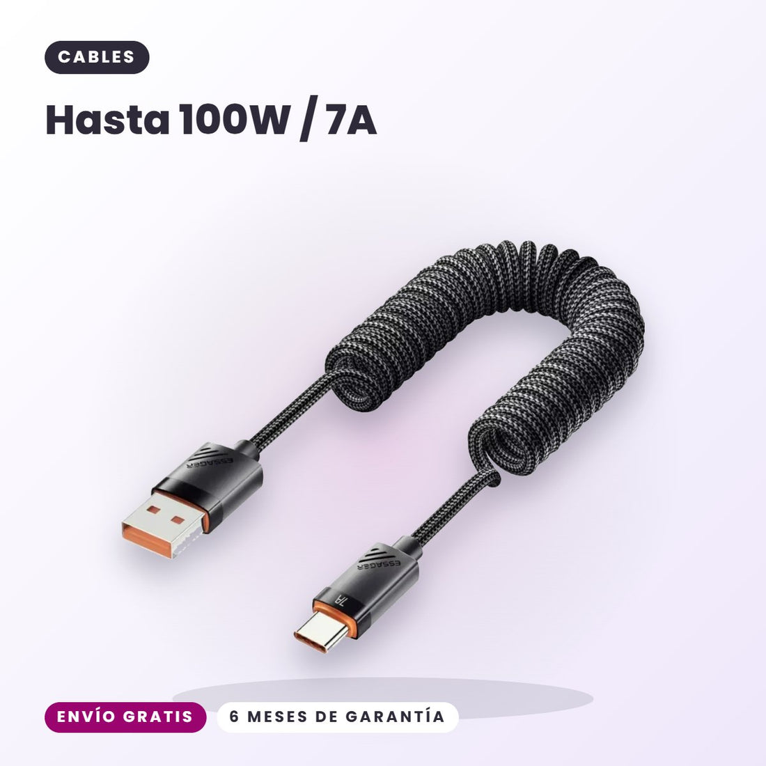 Cable Espiral ESSAGER USB-A a USB-C 100W para Auto