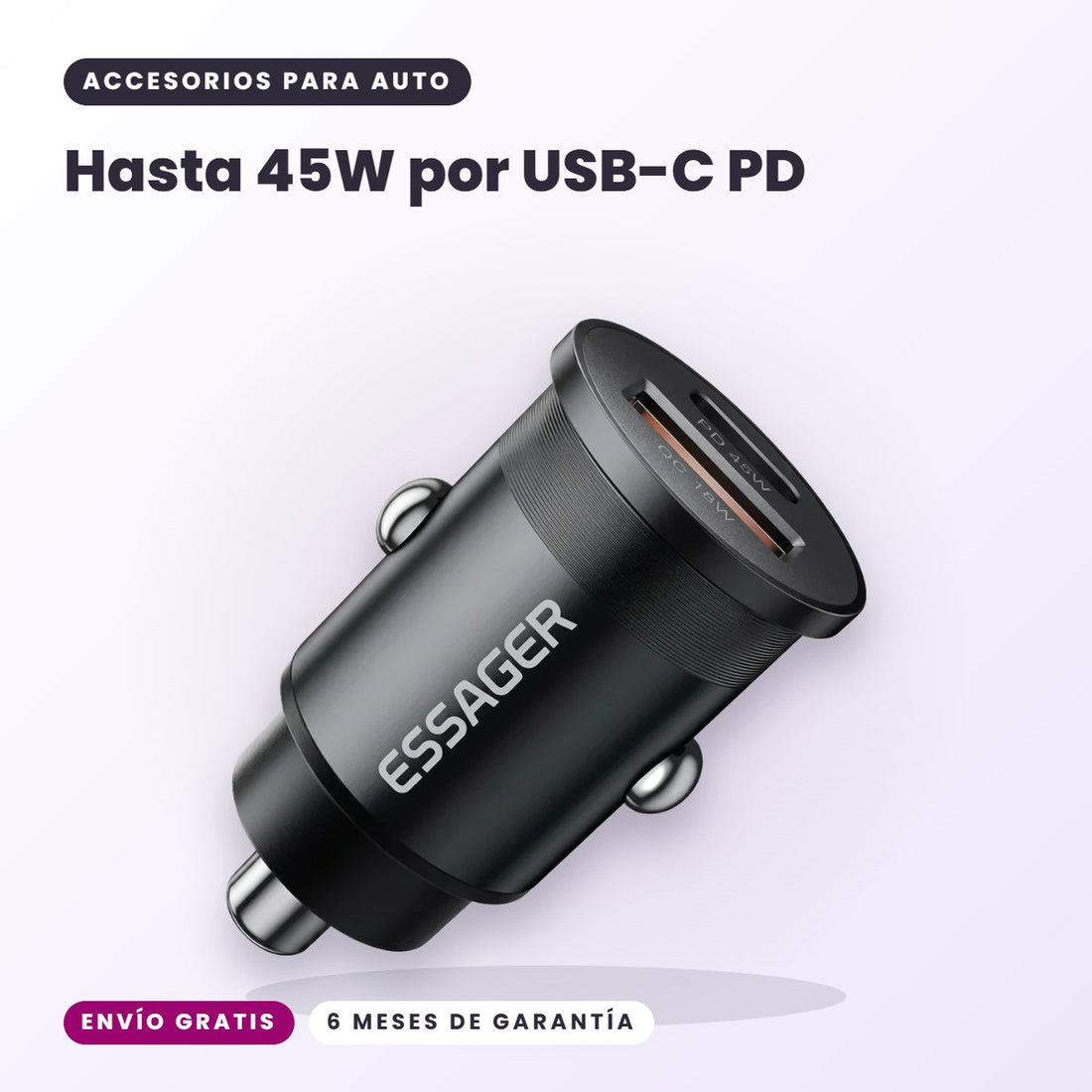 Cargador de Auto ESSAGER 45W USB-C PD + USB-A | Carga Rápida Doble Puerto
