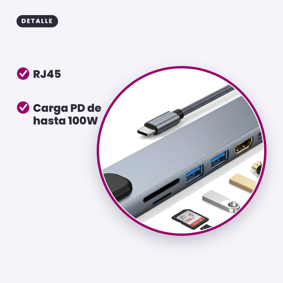 Hub Adaptador USB-C 8 en 1 para Mac y Notebook (HDMI 4K, USB 3.0, RJ45, SD/TF)