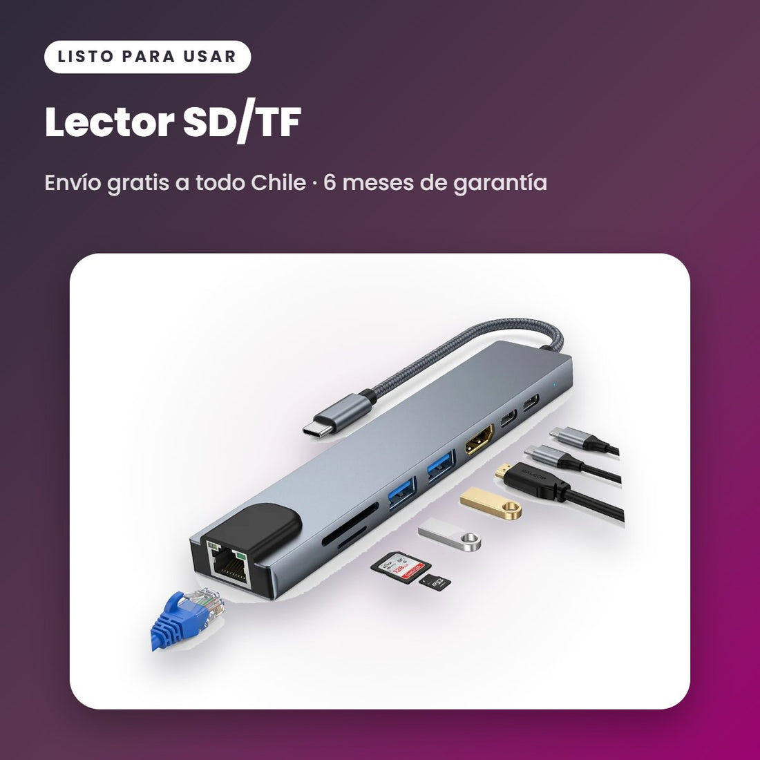 Hub Adaptador USB-C 8 en 1 para Mac y Notebook (HDMI 4K, USB 3.0, RJ45, SD/TF)