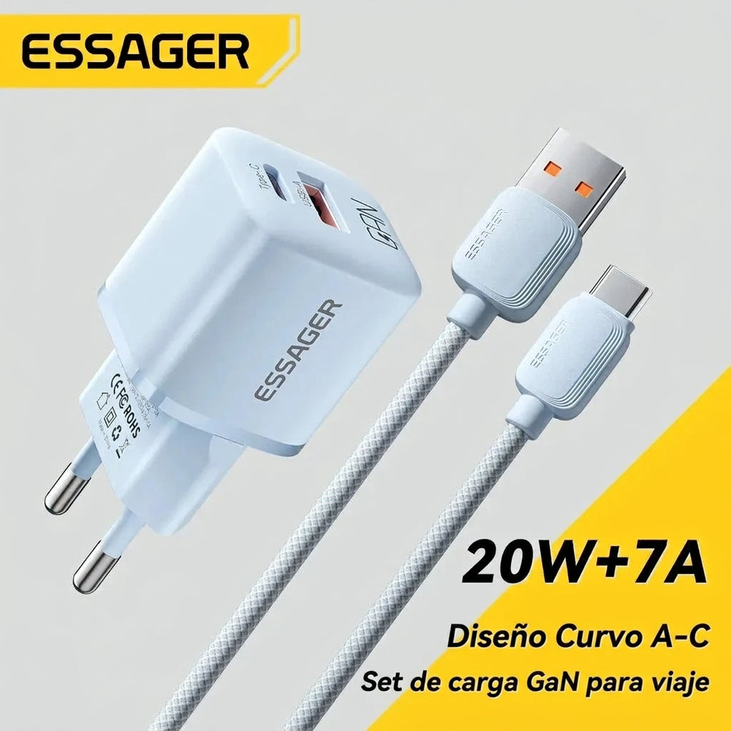 Cargador ESSAGER GaN 20W + Cable USB-A a Tipo-C 7A Incluido