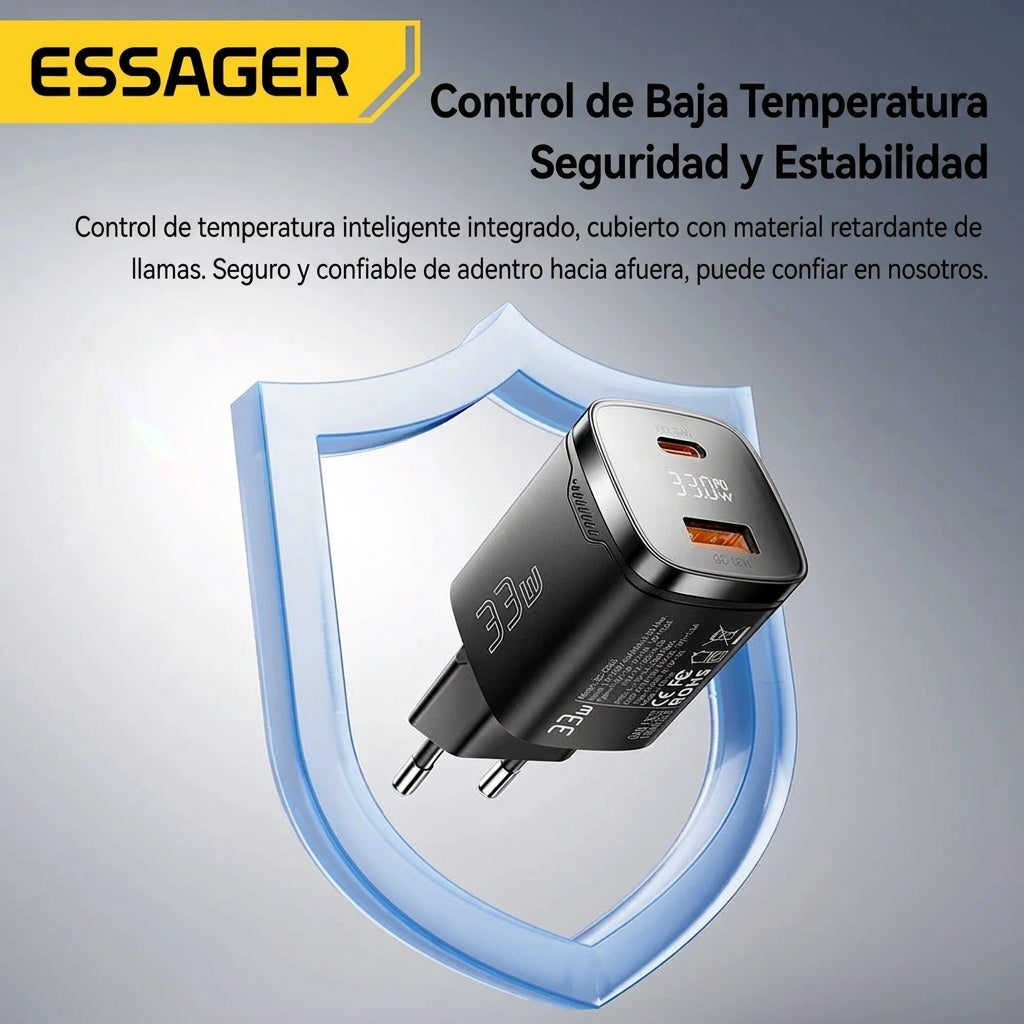 Cargador ESSAGER GaN 33W con Pantalla y Doble Puerto (USB-C + USB-A)